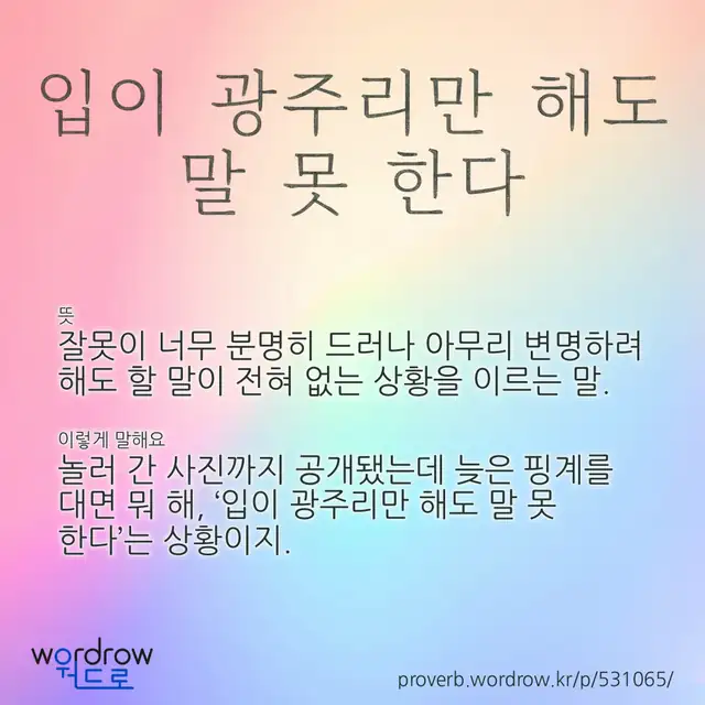 “입이 광주리만 해도 말 못 한다” 글씨와 뜻·예문이 완성된 속담 영상 포스터