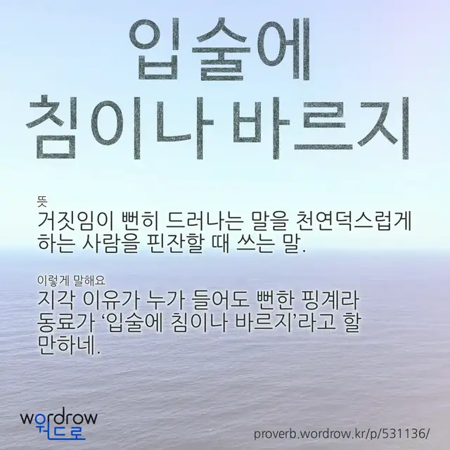 “입술에 침이나 바르지” 글씨와 뜻·예문이 완성된 속담 영상 포스터