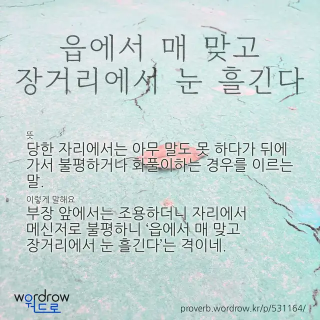 “읍에서 매 맞고 장거리에서 눈 흘긴다” 글씨와 뜻·예문이 완성된 속담 영상 포스터
