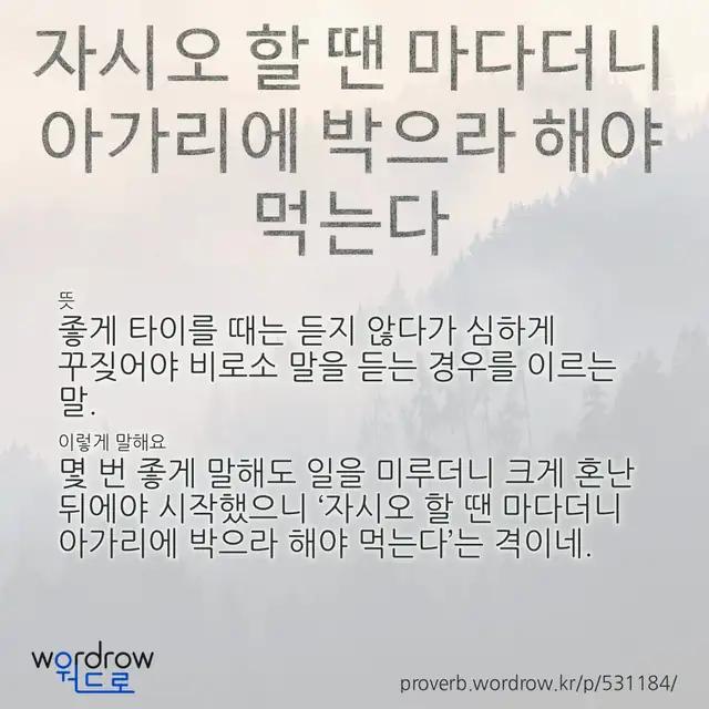 “자시오 할 땐 마다더니 아가리에 박으라 해야 먹는다” 글씨와 뜻·예문이 완성된 속담 영상 포스터