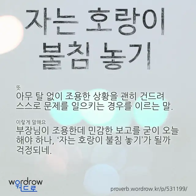 “자는 호랑이 불침 놓기” 글씨와 뜻·예문이 완성된 속담 영상 포스터