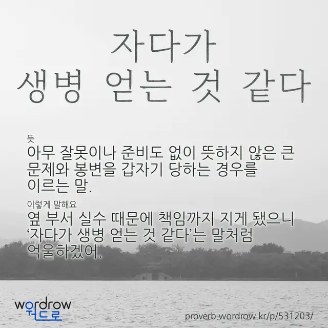“자다가 생병 얻는 것 같다” 글씨와 뜻·예문이 완성된 속담 영상 포스터