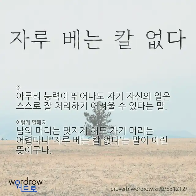 “자루 베는 칼 없다” 글씨와 뜻·예문이 완성된 속담 영상 포스터