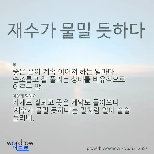 “재수가 물밀 듯하다” 글씨와 뜻·예문이 완성된 속담 영상 포스터