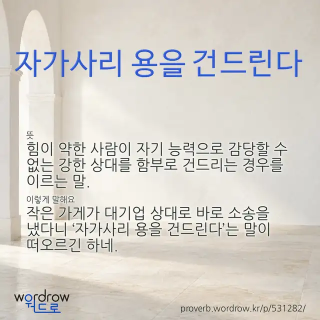 “자가사리 용을 건드린다” 글씨와 뜻·예문이 완성된 속담 영상 포스터