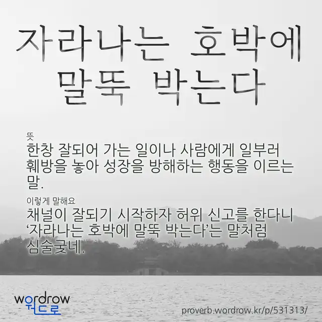 “자라나는 호박에 말뚝 박는다” 글씨와 뜻·예문이 완성된 속담 영상 포스터