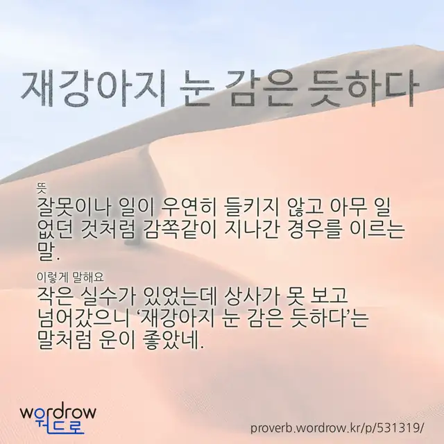 “재강아지 눈 감은 듯하다” 글씨와 뜻·예문이 완성된 속담 영상 포스터