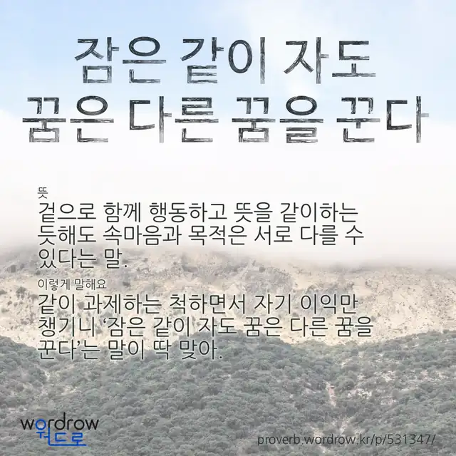 “잠은 같이 자도 꿈은 다른 꿈을 꾼다” 글씨와 뜻·예문이 완성된 속담 영상 포스터