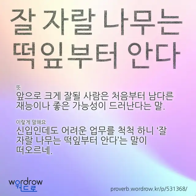 “잘 자랄 나무는 떡잎부터 안다” 글씨와 뜻·예문이 완성된 속담 영상 포스터