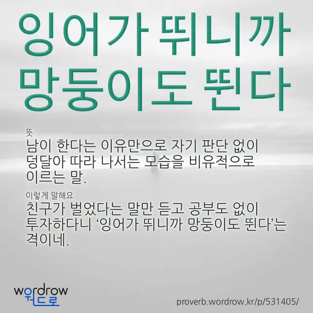 “잉어가 뛰니까 망둥이도 뛴다” 글씨와 뜻·예문이 완성된 속담 영상 포스터