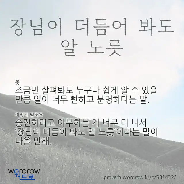 “장님이 더듬어 봐도 알 노릇” 글씨와 뜻·예문이 완성된 속담 영상 포스터