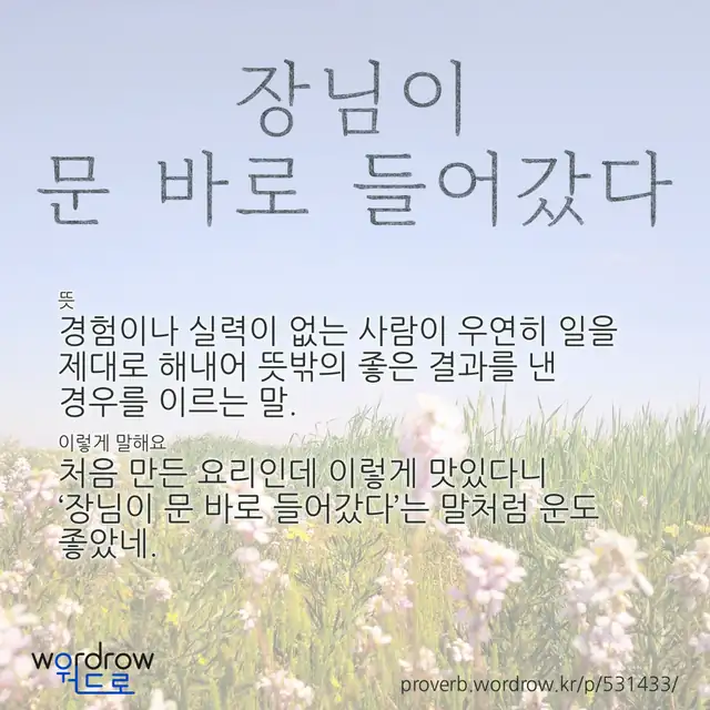 “장님이 문 바로 들어갔다” 글씨와 뜻·예문이 완성된 속담 영상 포스터