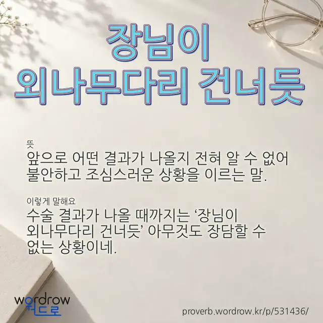 “장님이 외나무다리 건너듯” 글씨와 뜻·예문이 완성된 속담 영상 포스터