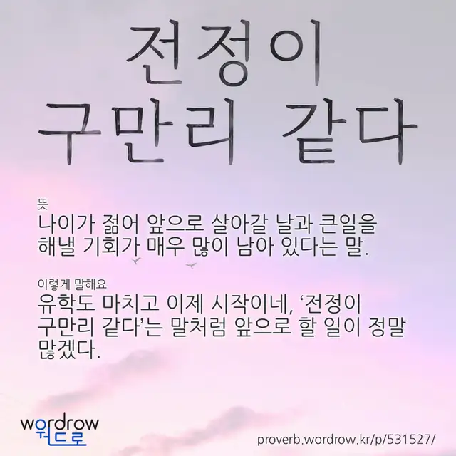 “전정이 구만리 같다” 글씨와 뜻·예문이 완성된 속담 영상 포스터