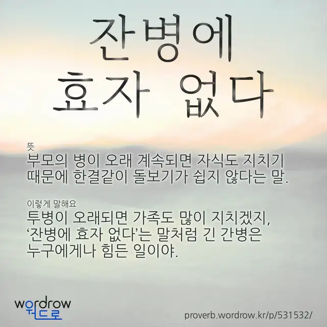 “잔병에 효자 없다” 글씨와 뜻·예문이 완성된 속담 영상 포스터
