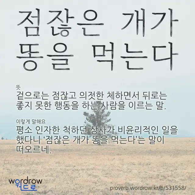 “점잖은 개가 똥을 먹는다” 글씨와 뜻·예문이 완성된 속담 영상 포스터