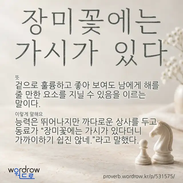 “장미꽃에는 가시가 있다” 글씨와 뜻·예문이 완성된 속담 영상 포스터