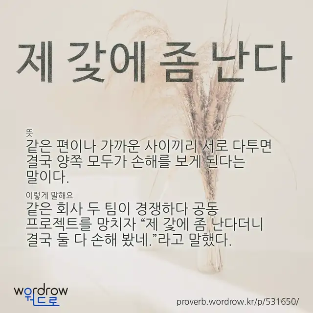 “제 갗에 좀 난다” 글씨와 뜻·예문이 완성된 속담 영상 포스터