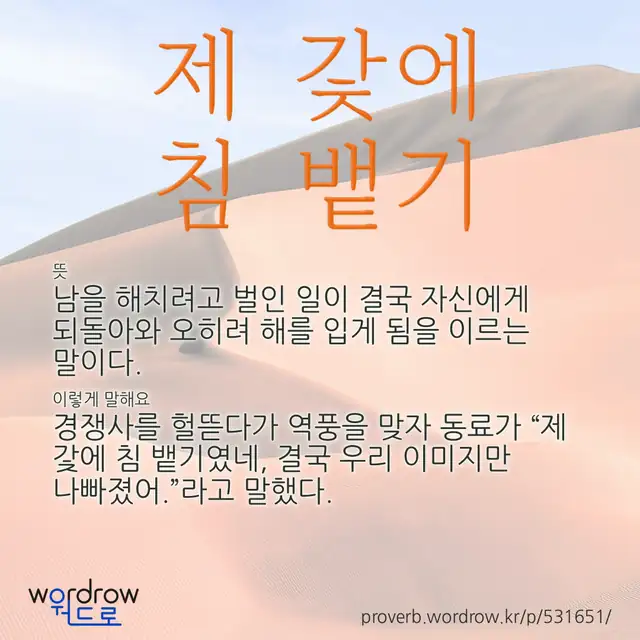 “제 갗에 침 뱉기” 글씨와 뜻·예문이 완성된 속담 영상 포스터