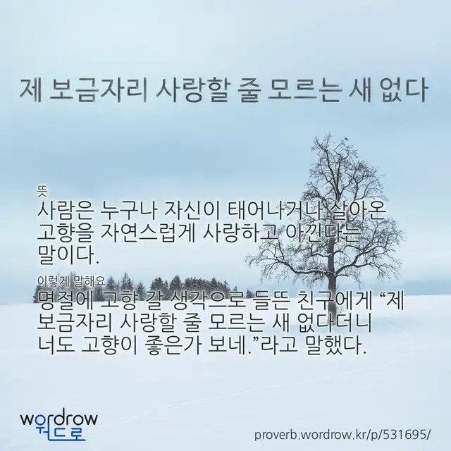 “제 보금자리 사랑할 줄 모르는 새 없다” 글씨와 뜻·예문이 완성된 속담 영상 포스터