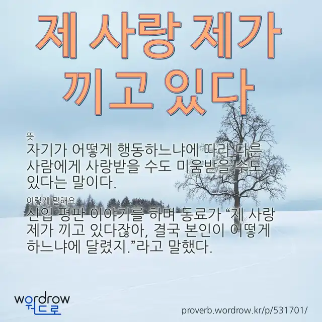 “제 사랑 제가 끼고 있다” 글씨와 뜻·예문이 완성된 속담 영상 포스터