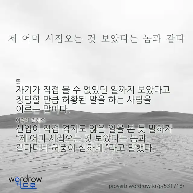 “제 어미 시집오는 것 보았다는 놈과 같다” 글씨와 뜻·예문이 완성된 속담 영상 포스터