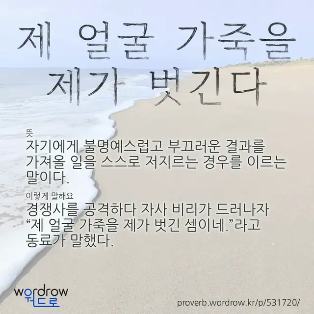 “제 얼굴 가죽을 제가 벗긴다” 글씨와 뜻·예문이 완성된 속담 영상 포스터