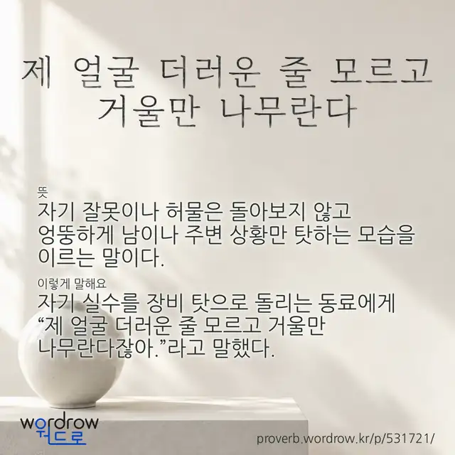 “제 얼굴 더러운 줄 모르고 거울만 나무란다” 글씨와 뜻·예문이 완성된 속담 영상 포스터