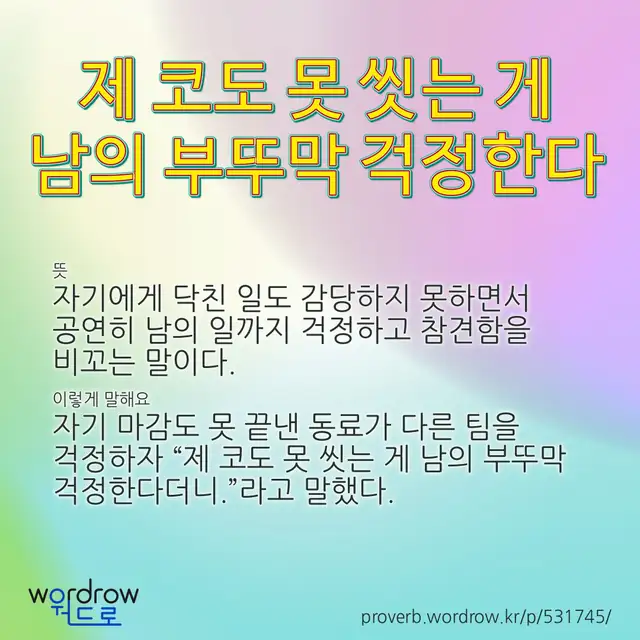 “제 코도 못 씻는 게 남의 부뚜막 걱정한다” 글씨와 뜻·예문이 완성된 속담 영상 포스터