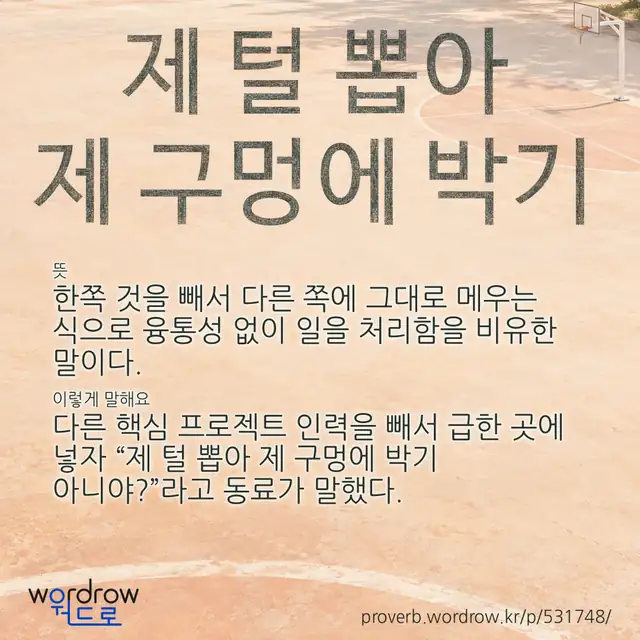 “제 털 뽑아 제 구멍에 박기” 글씨와 뜻·예문이 완성된 속담 영상 포스터