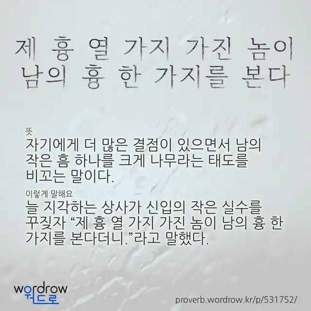 “제 흉 열 가지 가진 놈이 남의 흉 한 가지를 본다” 글씨와 뜻·예문이 완성된 속담 영상 포스터