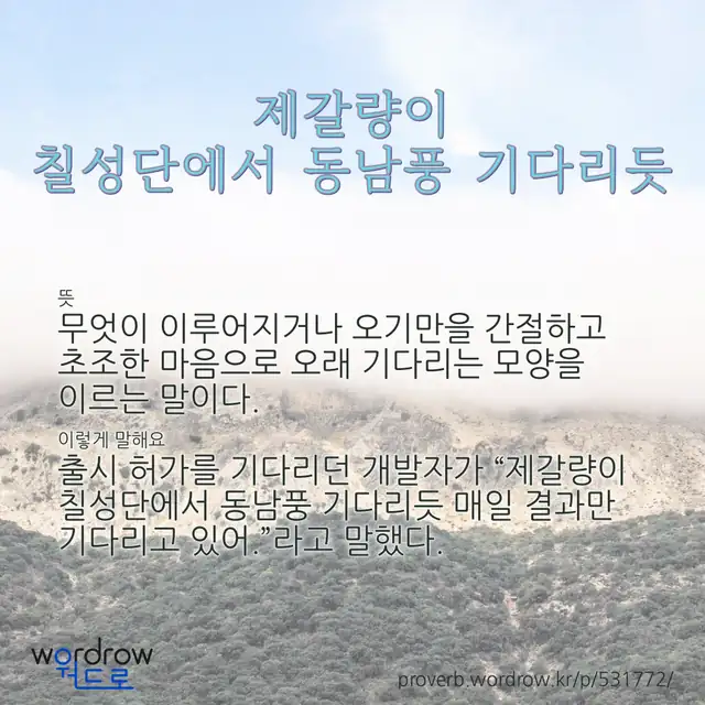 “제갈량이 칠성단에서 동남풍 기다리듯” 글씨와 뜻·예문이 완성된 속담 영상 포스터