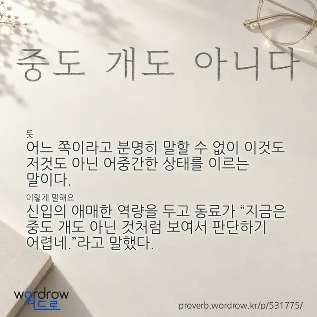 “중도 개도 아니다” 글씨와 뜻·예문이 완성된 속담 영상 포스터