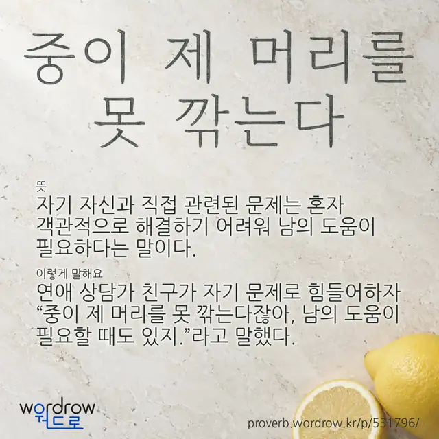 “중이 제 머리를 못 깎는다” 글씨와 뜻·예문이 완성된 속담 영상 포스터