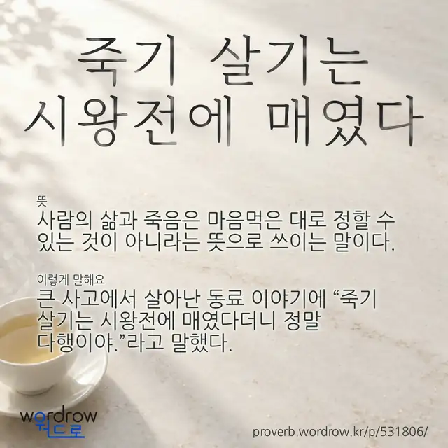 “죽기 살기는 시왕전에 매였다” 글씨와 뜻·예문이 완성된 속담 영상 포스터