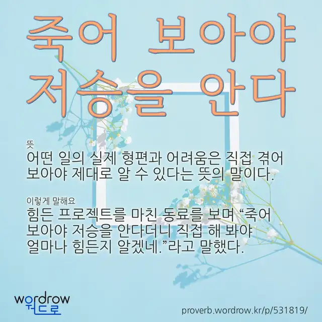 “죽어 보아야 저승을 안다” 글씨와 뜻·예문이 완성된 속담 영상 포스터