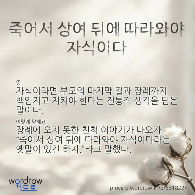 “죽어서 상여 뒤에 따라와야 자식이다” 글씨와 뜻·예문이 완성된 속담 영상 포스터