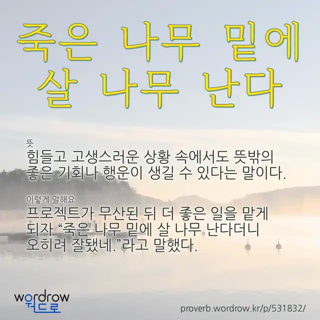 “죽은 나무 밑에 살 나무 난다” 글씨와 뜻·예문이 완성된 속담 영상 포스터