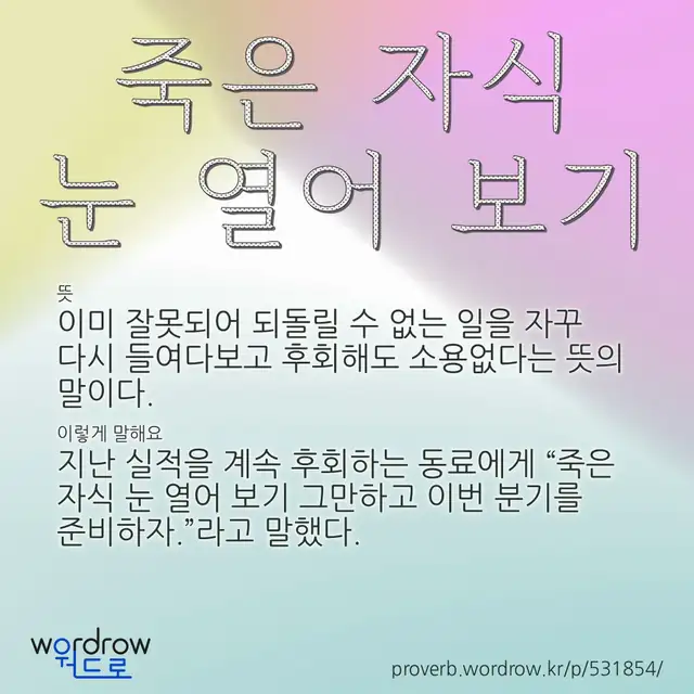 “죽은 자식 눈 열어 보기” 글씨와 뜻·예문이 완성된 속담 영상 포스터