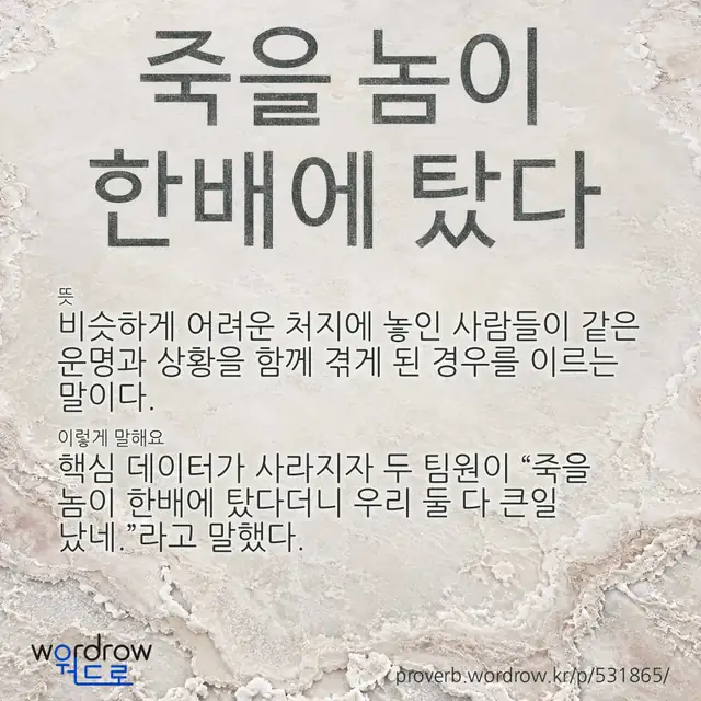 “죽을 놈이 한배에 탔다” 글씨와 뜻·예문이 완성된 속담 영상 포스터
