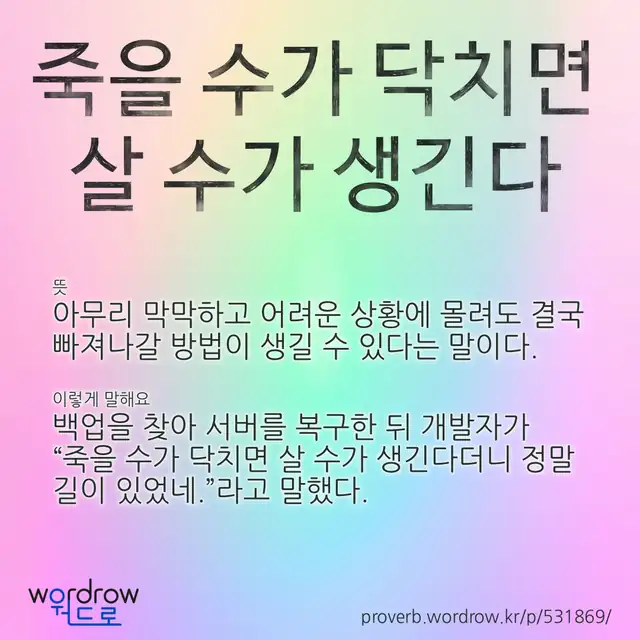 “죽을 수가 닥치면 살 수가 생긴다” 글씨와 뜻·예문이 완성된 속담 영상 포스터