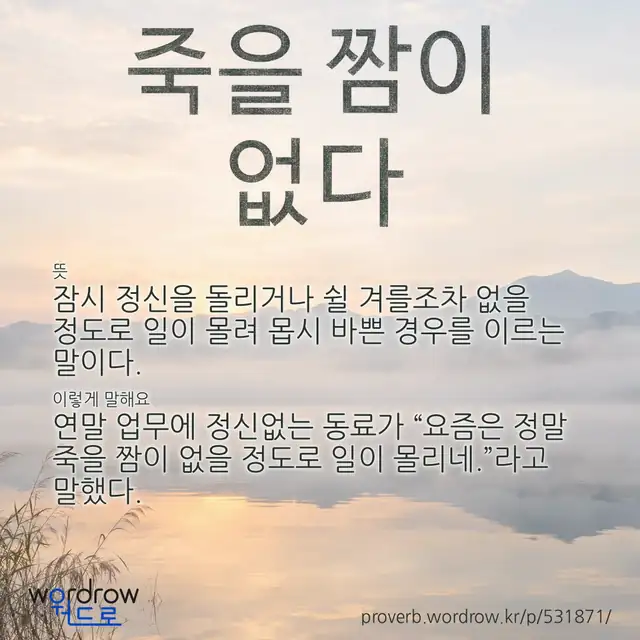 “죽을 짬이 없다” 글씨와 뜻·예문이 완성된 속담 영상 포스터