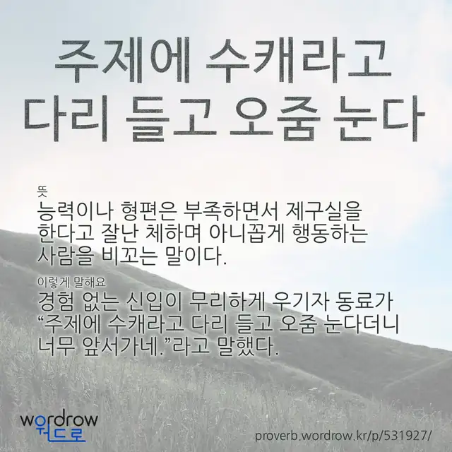 “주제에 수캐라고 다리 들고 오줌 눈다” 글씨와 뜻·예문이 완성된 속담 영상 포스터