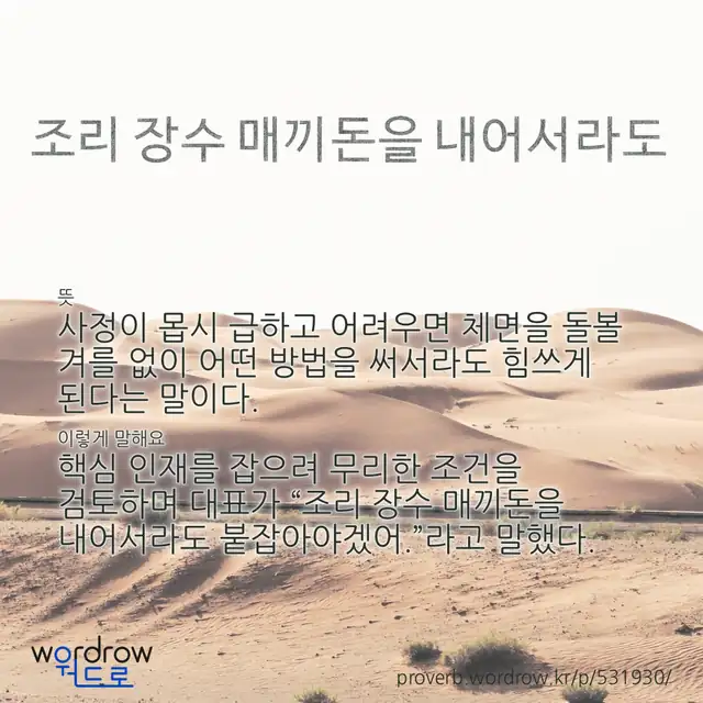 “조리 장수 매끼돈을 내어서라도” 글씨와 뜻·예문이 완성된 속담 영상 포스터
