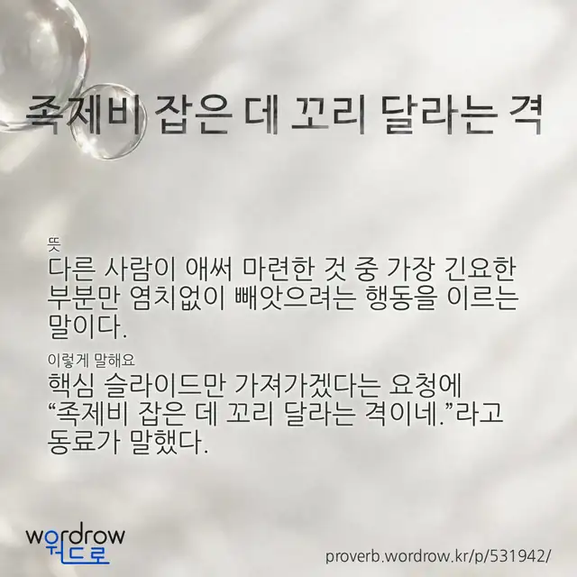 “족제비 잡은 데 꼬리 달라는 격” 글씨와 뜻·예문이 완성된 속담 영상 포스터