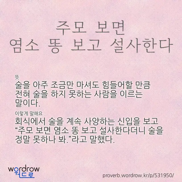 “주모 보면 염소 똥 보고 설사한다” 글씨와 뜻·예문이 완성된 속담 영상 포스터