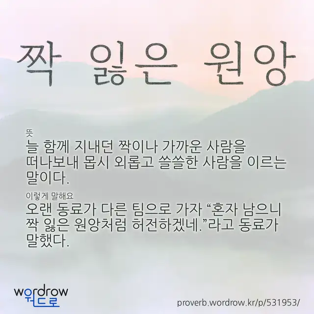 “짝 잃은 원앙” 글씨와 뜻·예문이 완성된 속담 영상 포스터