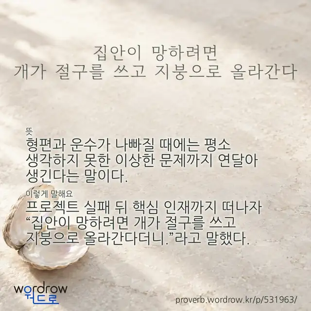 “집안이 망하려면 개가 절구를 쓰고 지붕으로 올라간다” 글씨와 뜻·예문이 완성된 속담 영상 포스터