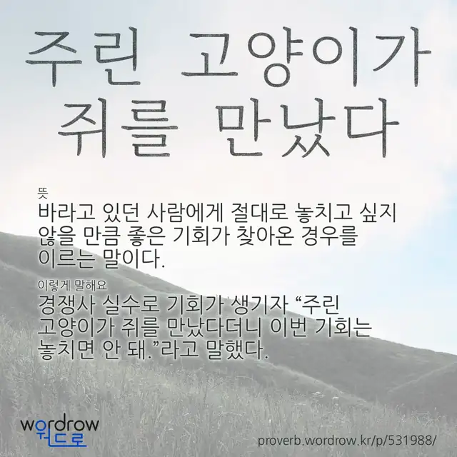 “주린 고양이가 쥐를 만났다” 글씨와 뜻·예문이 완성된 속담 영상 포스터