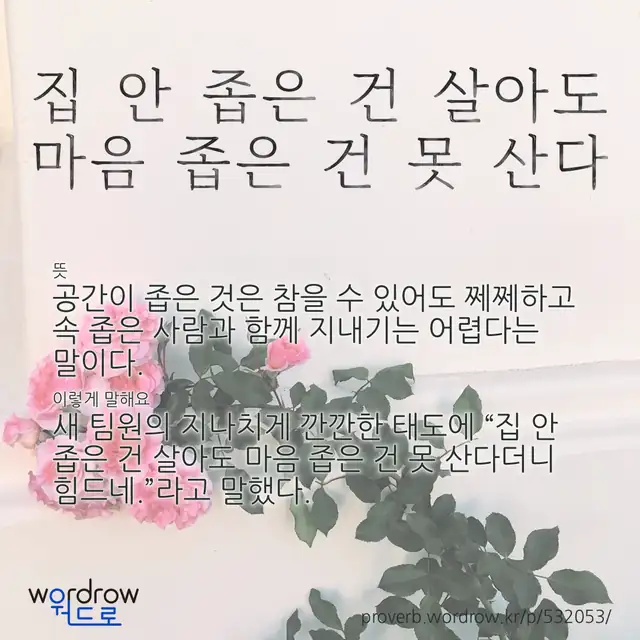 “집 안 좁은 건 살아도 마음 좁은 건 못 산다” 글씨와 뜻·예문이 완성된 속담 영상 포스터